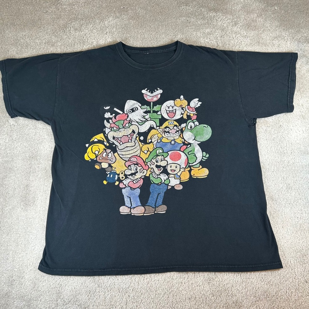 Nintendo Super Mario Bros T-Shirt Mens XL Black Graphic Retro Gaming Distressed